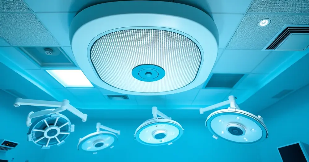 difusor de fluxo laminar no teto de sala cirúrgica hospitalar