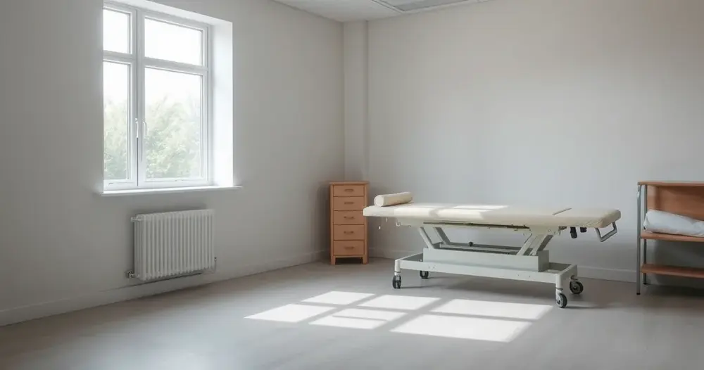 Sala de fisioterapia vazia com maca de atendimento e janela ao fundo